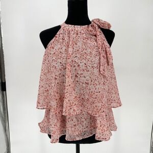 NEW Express Pink Dotted Polka Dot Ruffle Chiffon Neck Tie Sleeveless Blouse XS